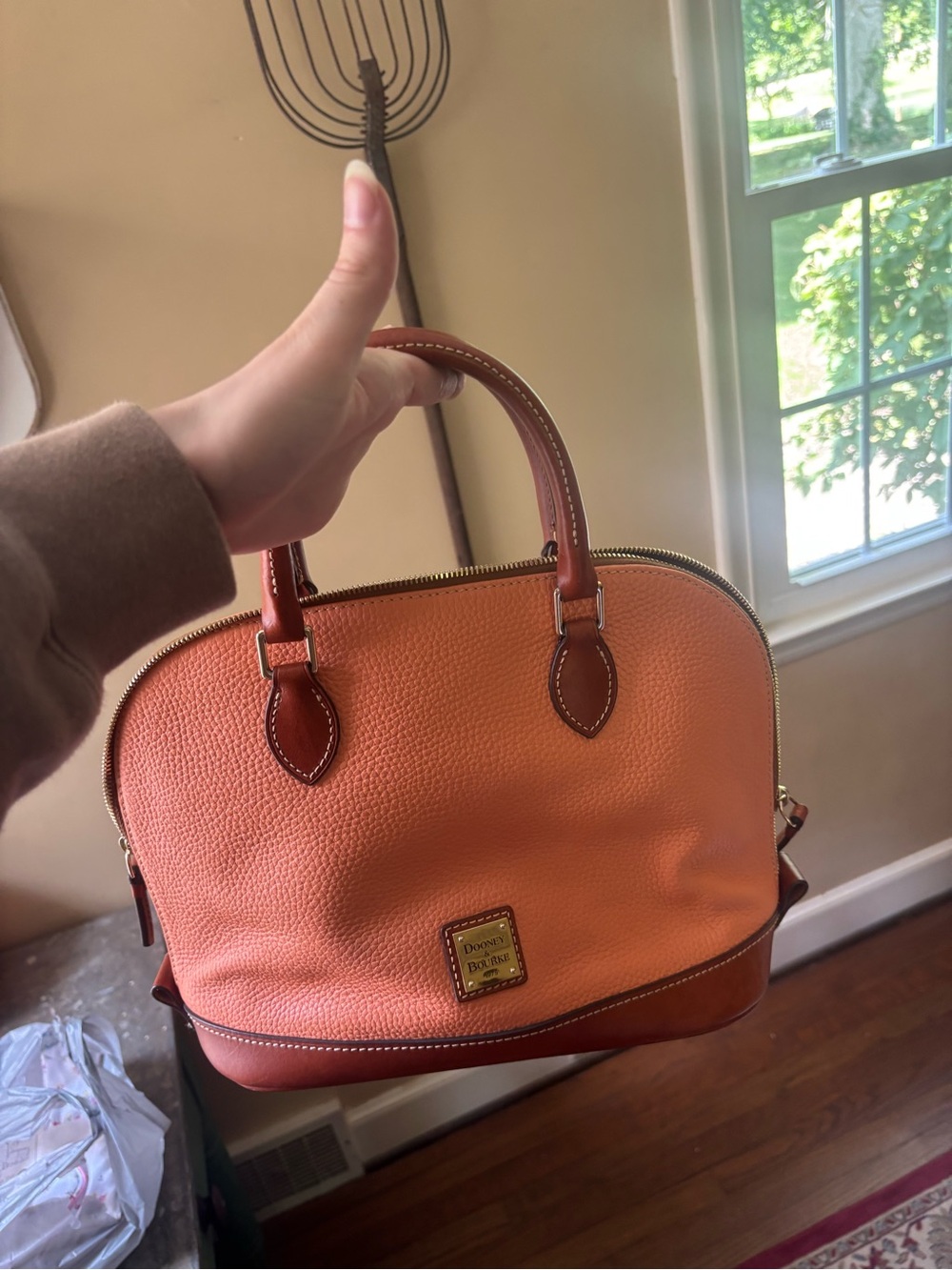 Dooney & Bourke Orange Leather Dome Satchel with Brown Trim